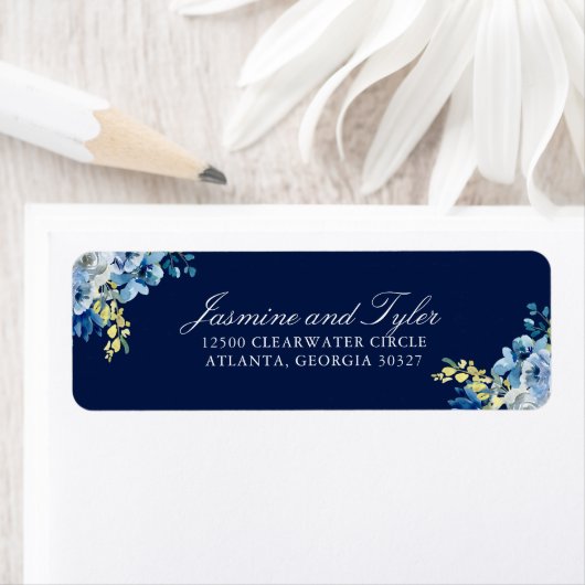 Étiquette Navy Blue Floral Elegant Wedding Adresse de retour (En situation)