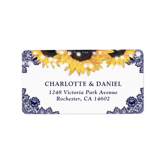 Étiquette Navy Blue Floral Lace Sunflower Wedding (Devant)
