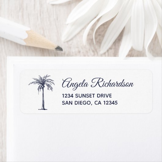 Étiquette Navy Blue Palm Tree Beach Wedding Adresse de retou (En situation)