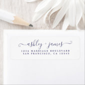 Étiquette Navy Blue Script White Mariage Adresse de retour (En situation)