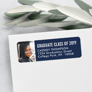 Étiquette Navy Blue White Photo Graduation Adresse de retour