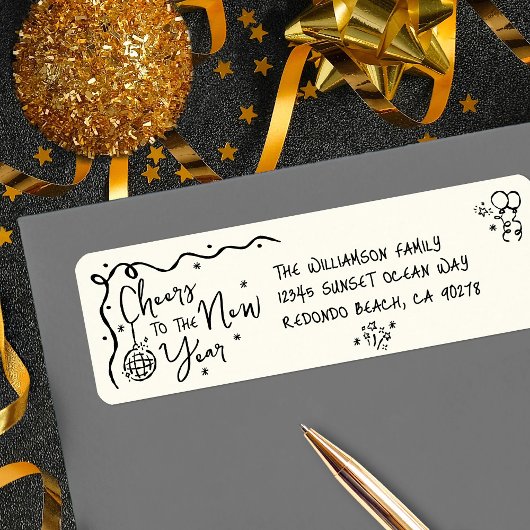 Étiquette New Year Cheer Black Cream Hand Drawn  Fun Address