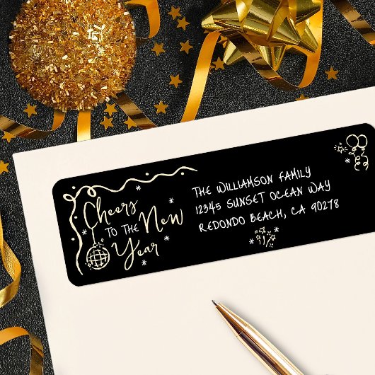 Étiquette New Year Cheer Black Gold Hand Drawn Art Address