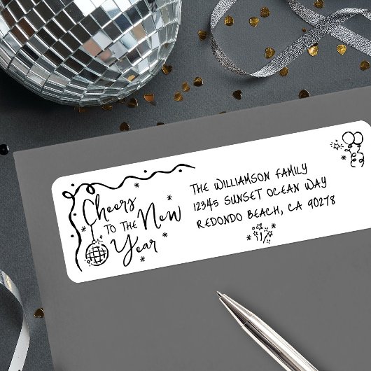 Étiquette New Year Cheer Black on White Hand Drawn Address