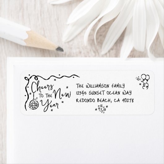 Étiquette New Year Cheer Black on White Hand Drawn Address (En situation)