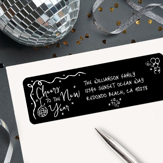 Étiquette New Year Cheer Black White Hand Drawn Fun Address