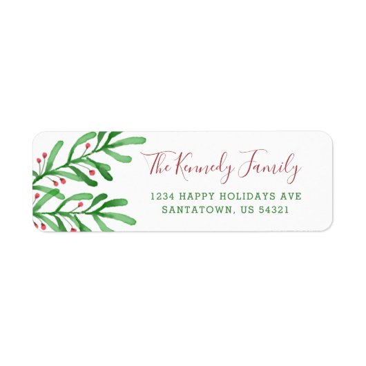 Étiquette Noël Aquarelle Berries Nom de famille (Devant)