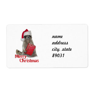 Étiquette Noël Bandit Raccoon avec présent