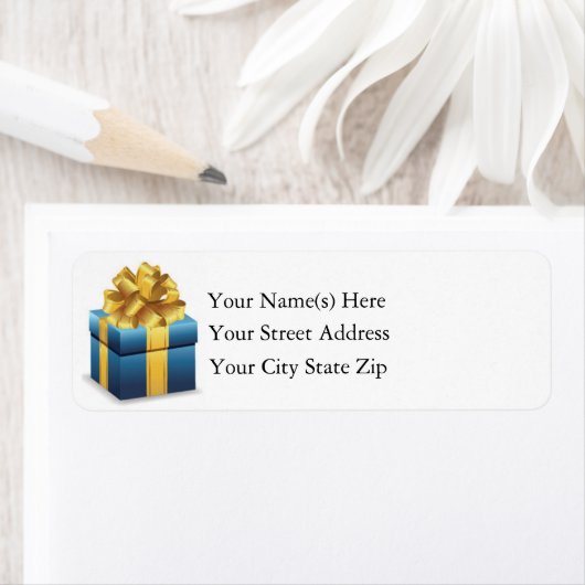 Étiquette Noël Bleu Présenté Avec Ruban Or (En situation)