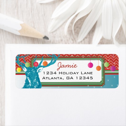 Étiquette Noël Buck Deer Zig Zag Motif Aqua et Rouge (En situation)