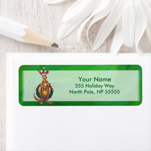 Étiquette Noël de kangourou sur dos vert peint (En situation)