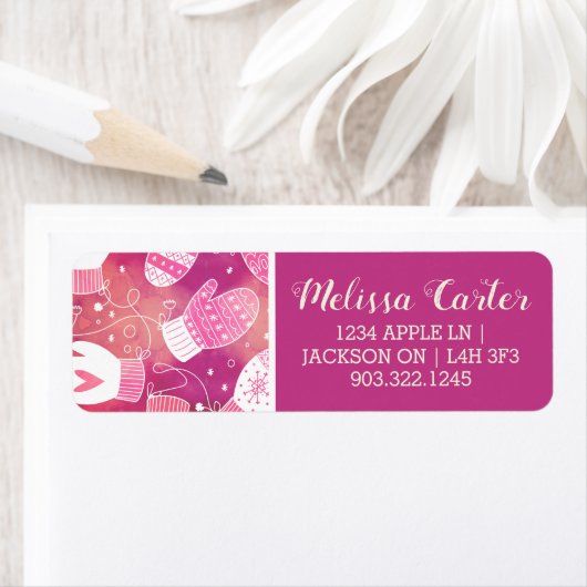 Étiquette Noël d'hiver Mittens Motif en rose (En situation)