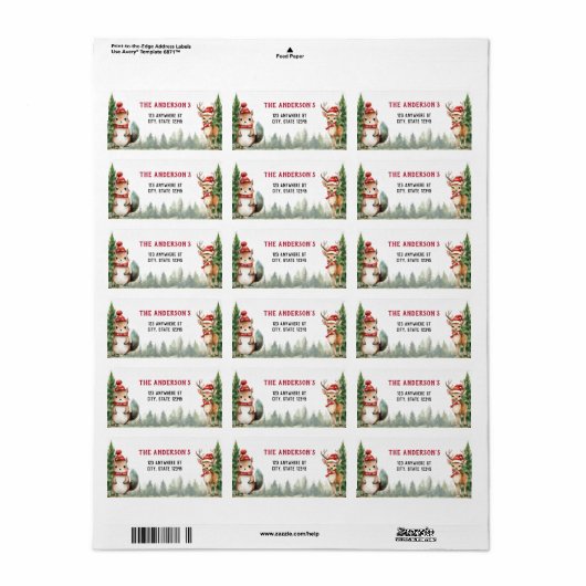 Étiquette Noël Hiver Bois Animaux (Feuille entière)