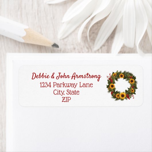 Étiquette Noël Holly tournesol Floral Vacances Wreath (En situation)