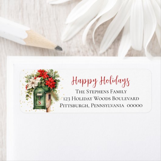 Étiquette Noël Joyeux vacances Boîte aux lettres Floral Mono (En situation)