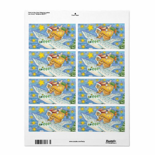 Étiquette Noël mignon avec lapin comme Père Noël sur Hibou (Feuille entière)