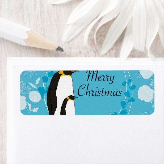 Étiquette noël, noël, pingouin, fleurs, bleu, (En situation)