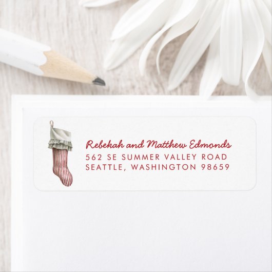 Étiquette Noël rayé rouge et blanc Stocker (En situation)