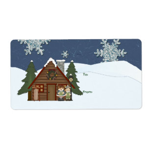 Étiquette Noël rustique de cabine de pays de loge la nuit