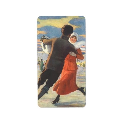 Étiquette Noël Vintage, Romantique Couple Patinage sur glace (Devant)