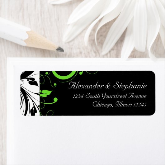 Étiquette Noir/Blanc/Lime Vert Gras Mariage (En situation)