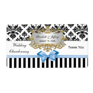 Étiquette Noir Blanc Strique Damask Lt Blue Party Vin Étique