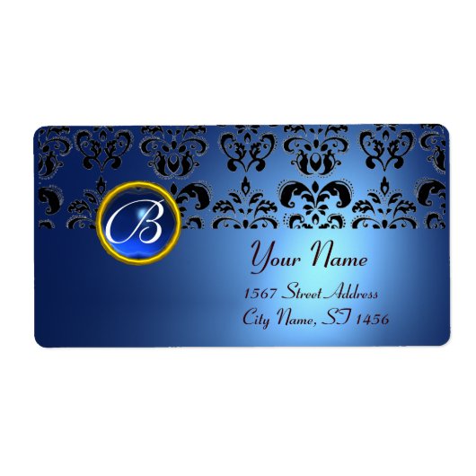 Étiquette NOIR BLEU DAMASK MONOGRAM, saphir turquase (Devant)