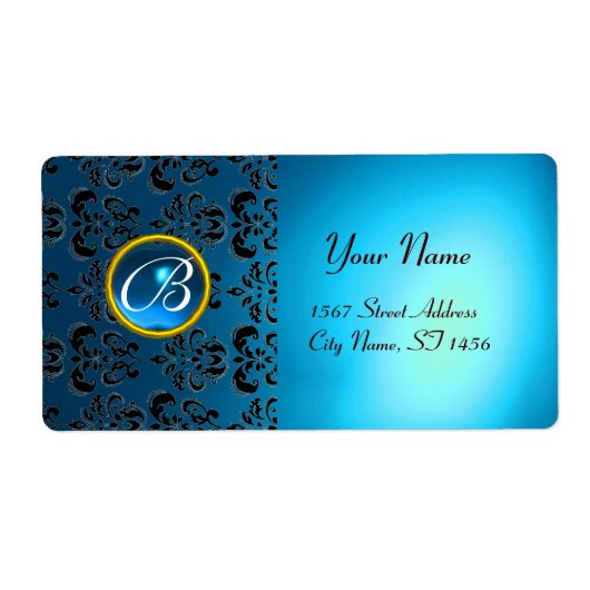Étiquette NOIR BLEU DAMASK MONOGRAM, saphir turquase (Devant)