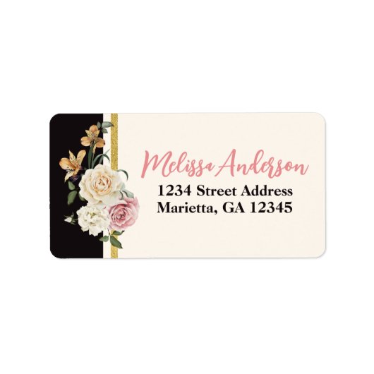 Étiquette Noir, Ivoire, Fleurs dorées Adresse de l'expéditeu (Devant)