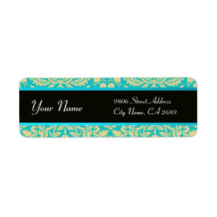 ÉTIQUETTE NOIR JAUNE AQUA BLEU TURQUOISE DAMASK