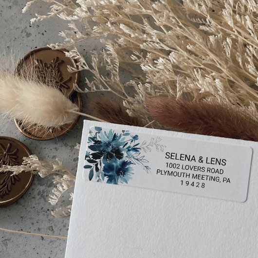 Étiquette Nom de l'adresse de retour bleu floral de la marin