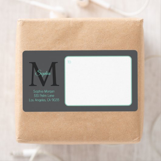Étiquette Nom du script Grand Monogramme, Livraison Turquois (En situation)