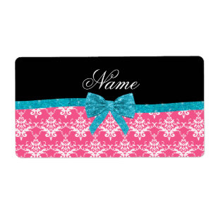 Étiquette Nom personnalisé damas rose turquoise parties sci
