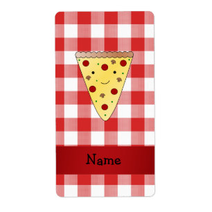 Étiquette Nom personnalisé mignon pizza rouge à damiers