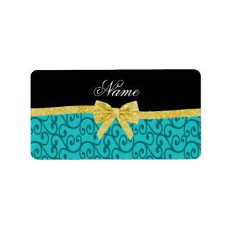 Étiquette Nom personnalisé turquoise tourbillons or arc