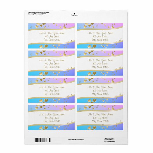 Étiquette Notes musicales et Coeurs d'or (Feuille entière)