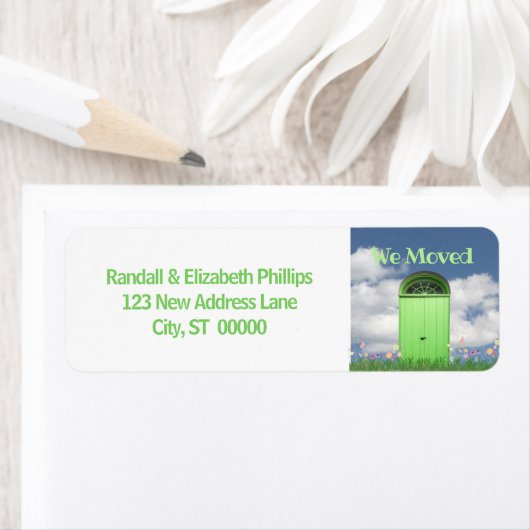 Étiquette Nous Avons Déplacé Les Fleurs De Faire-part Vert P (En situation)