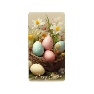 Étiquette Oeufs vintages de Pâques, nids et jonquilles blanc