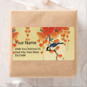 Étiquette Oiseau bleu Tit, Branche de Paulownia, Feuilles ro (En situation)