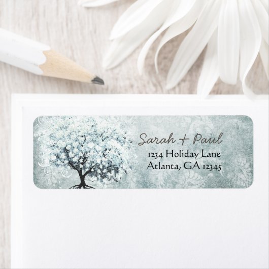 Étiquette Oiseau de l'amour victorien Bleu Damassé Coeur Arb (En situation)