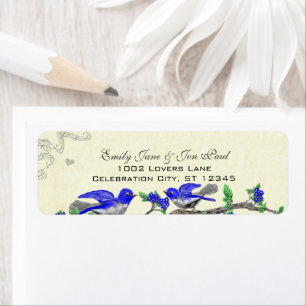 Étiquette Oiseau gris vintage Fleurs bleues royales Retour É