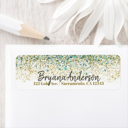 Étiquette Or Blanc et Glitter Bleu Turquoise Moderne Glamour (En situation)