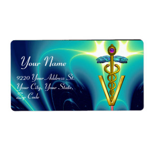 Étiquette OR CADUCEUS SYMBOLE VÉTÉRINAIRE, bleu aqua, turquo