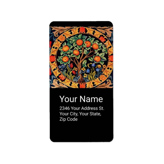 Étiquette ORANGE ARBRE AVEC FEUILLES VERTS, FLEURS Noir (Devant)