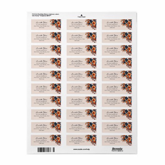 Étiquette Orange brûlé rustique et Mariage floral bleu (Feuille entière)