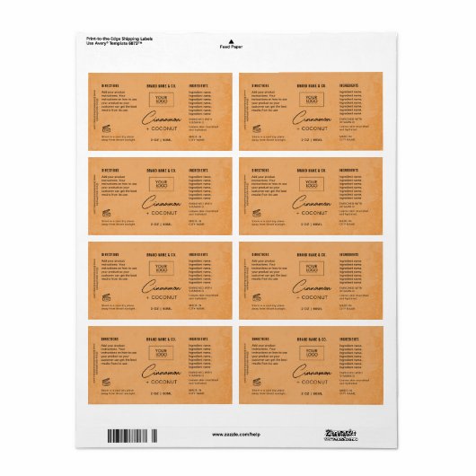 Étiquette orange rustique personnalisable (Feuille entière)