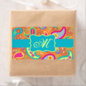 Étiquette Orange Turquoise Modern Paisley Pattern Monogram (En situation)