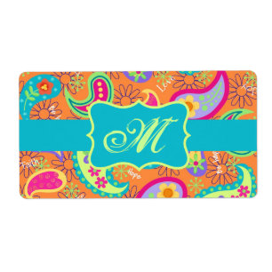 Étiquette Orange Turquoise Modern Paisley Pattern Monogram