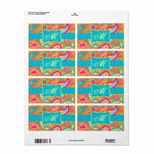 Étiquette Orange Turquoise Modern Paisley Pattern Monogram (Feuille entière)