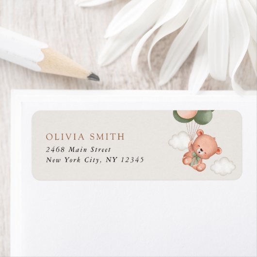 Étiquette ours bébé, ours en peluche, ballons verts, Baby sh (En situation)